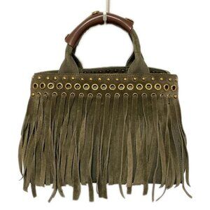 PRADA Canapa  Khaki Brown Suede Canvas - Tote Bag 321-082925